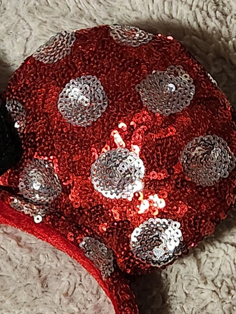 Disney Parks Minnie Mouse Ear Headband Red/Silver Polka Dots Black Bow Sequins